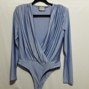 RUNAWAY Ruched V-Neck Blue Long Sleeve Bodysuit